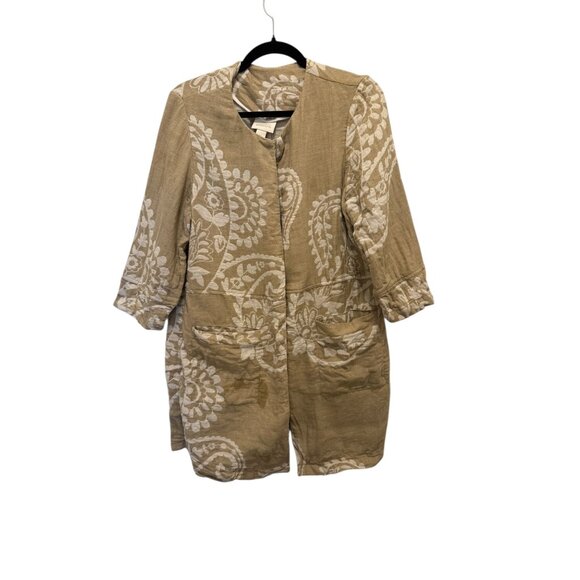 Chicos XL Taupe & White Lightweight Linen Blend Open Front Jacket With Pockets - Picture 1 of 7